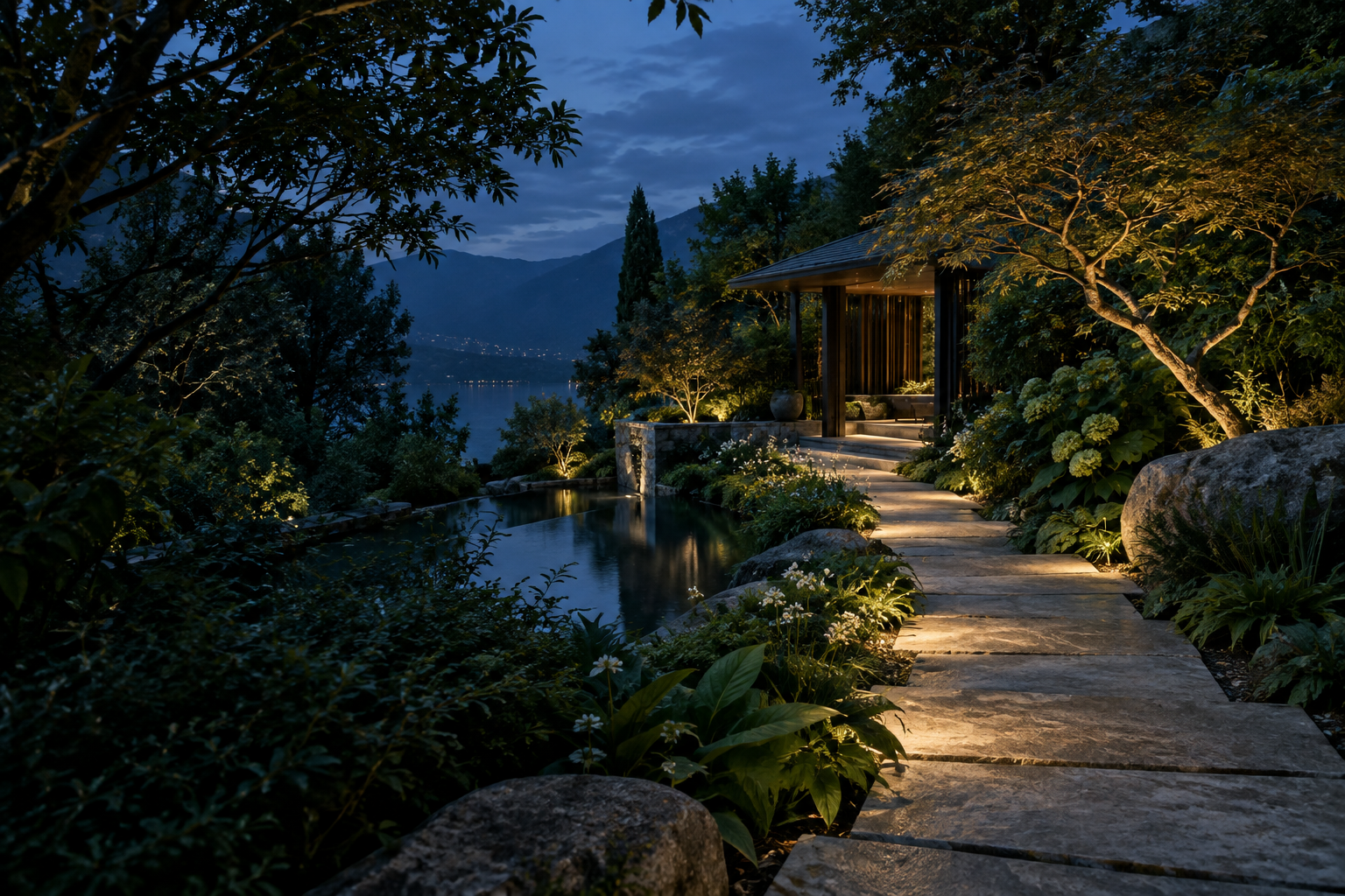 An illuminated stone garden path leading through planting to a quiet pavilion