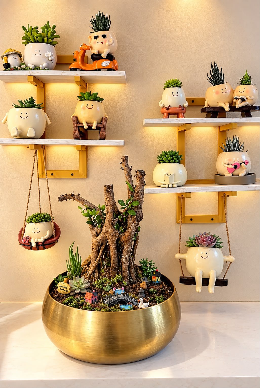 A handcrafted miniature garden surrounded by character planters