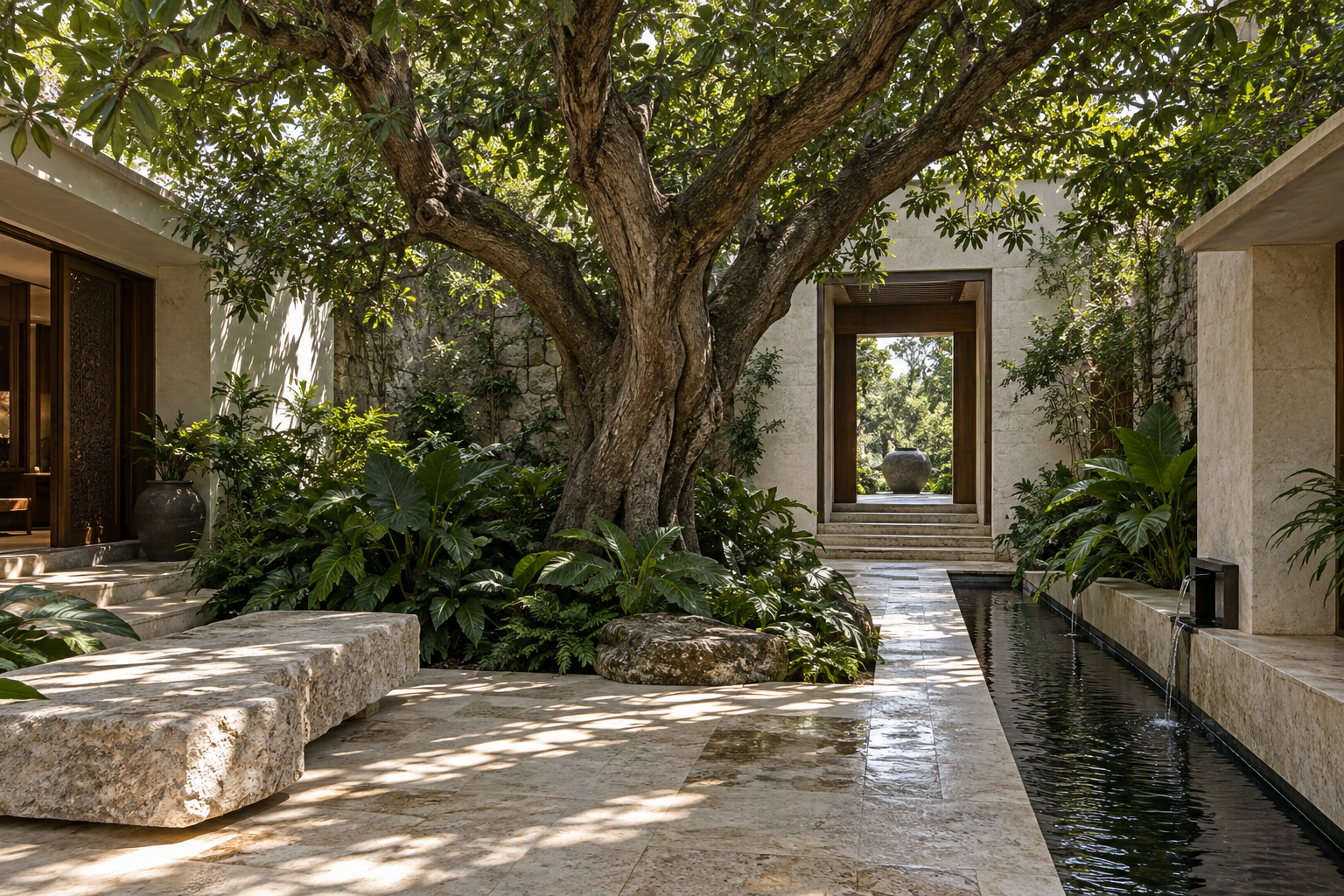 A mature tree rising through a limestone courtyard with dense planting and a water rill