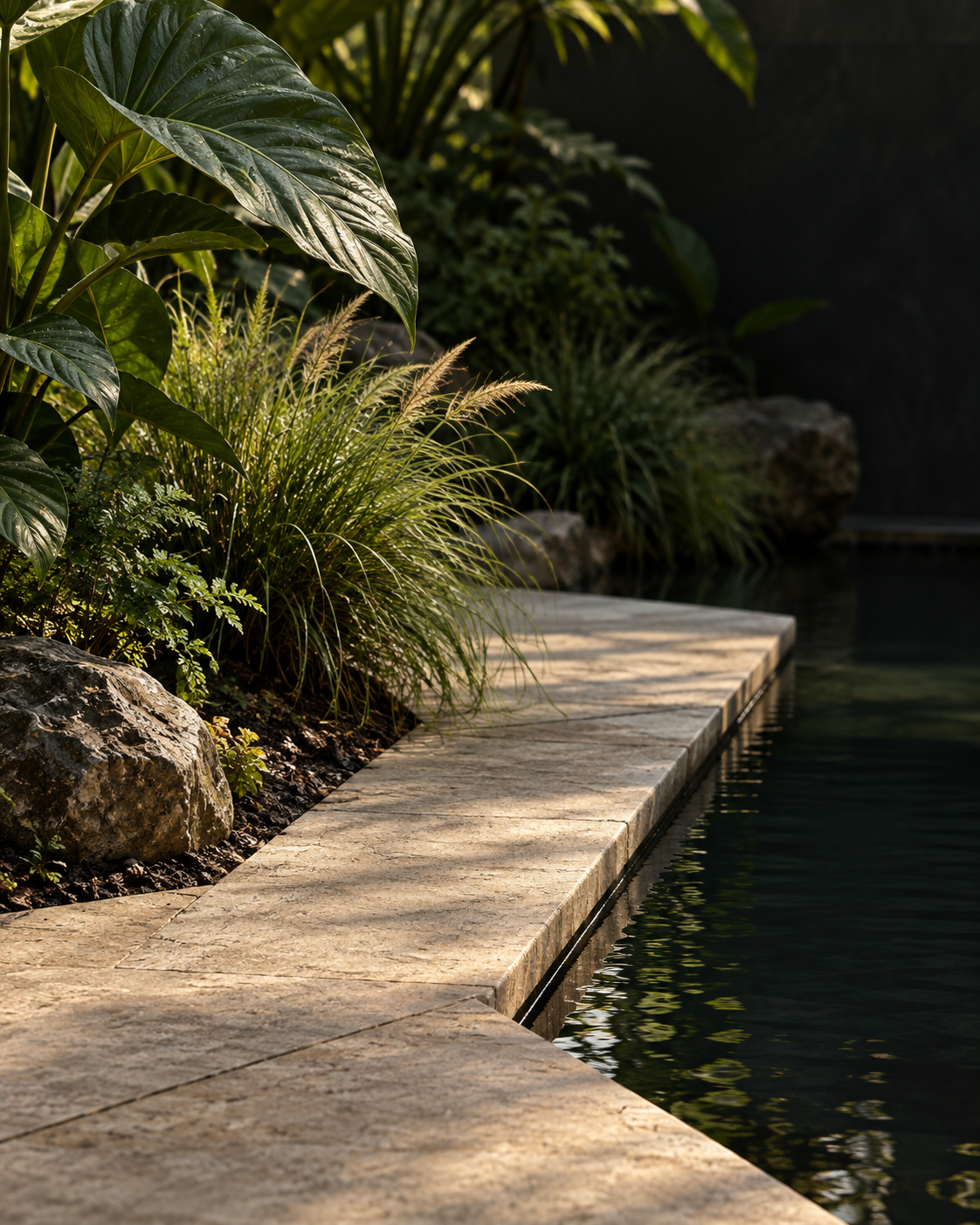 Natural stone, planting and reflective water detail